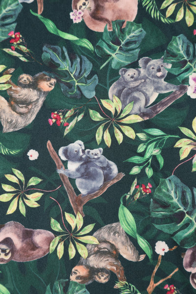 Donna Petal Sleeves Flared Bust Summer Dress in Dark Green Koala Sloth Print