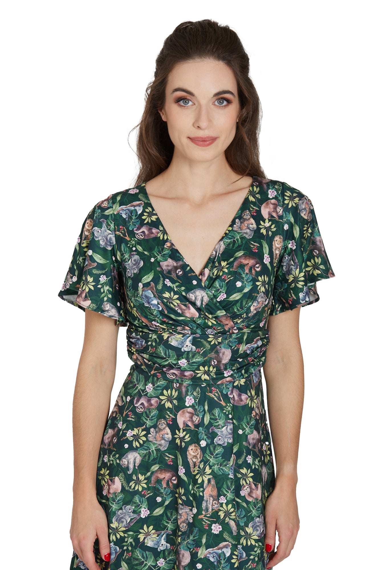 Donna Petal Sleeves Flared Bust Summer Dress in Dark Green Koala Sloth Print