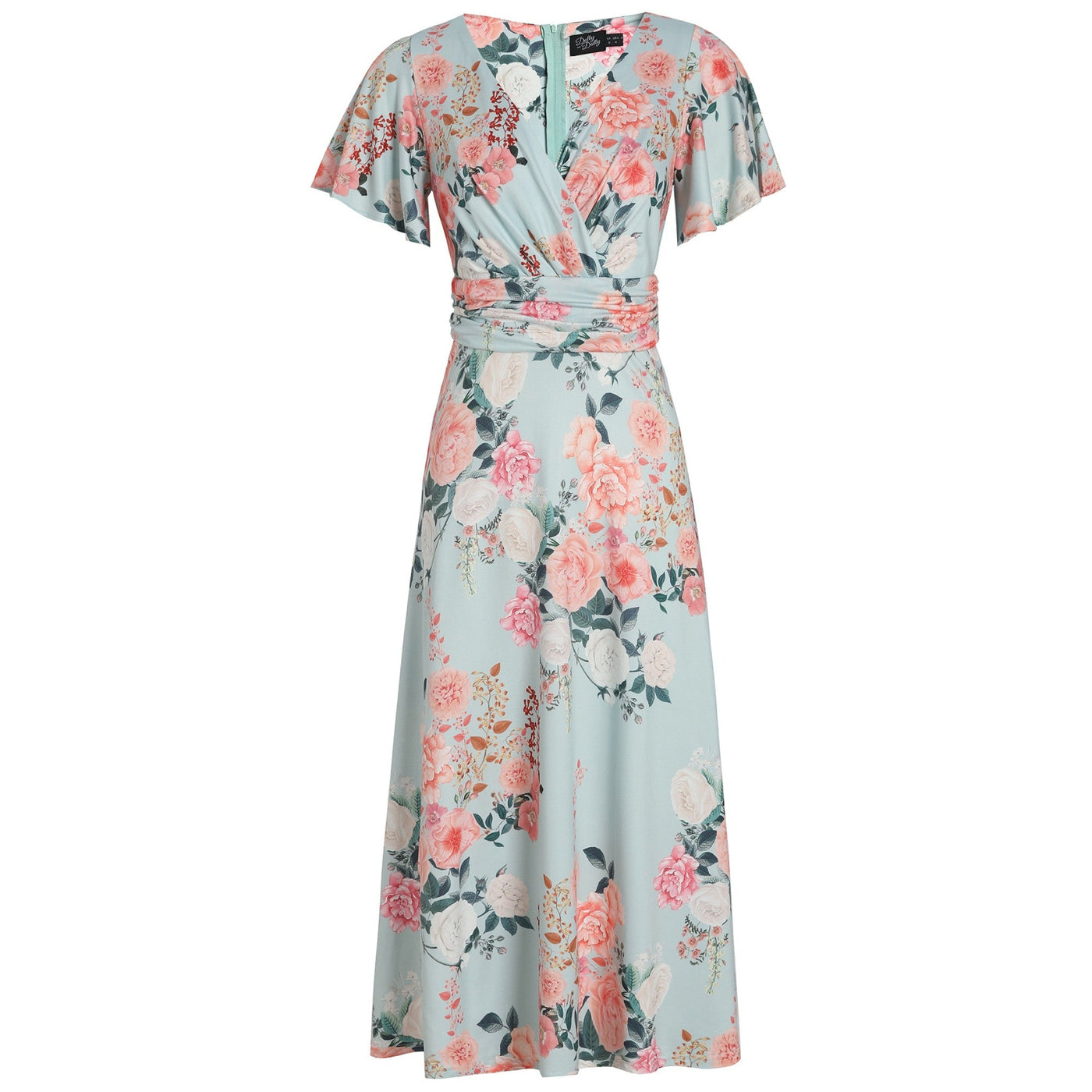 EU STOCK Donna Petal Sleeved Dress in Pale Blue and Floral Print