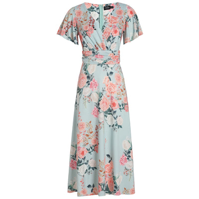 EU STOCK Donna Petal Sleeved Dress in Pale Blue and Floral Print