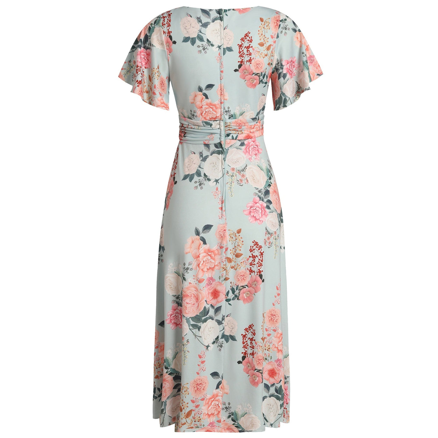 EU STOCK Donna Petal Sleeved Dress in Pale Blue and Floral Print