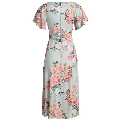 EU STOCK Donna Petal Sleeved Dress in Pale Blue and Floral Print