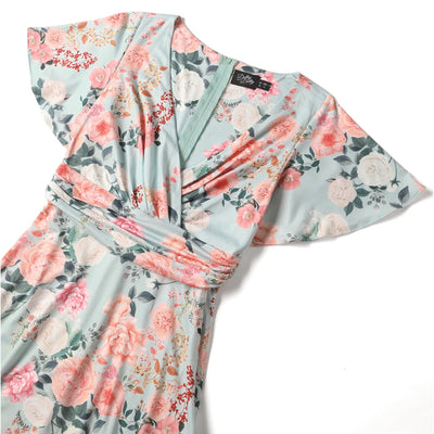 EU STOCK Donna Petal Sleeved Dress in Pale Blue and Floral Print