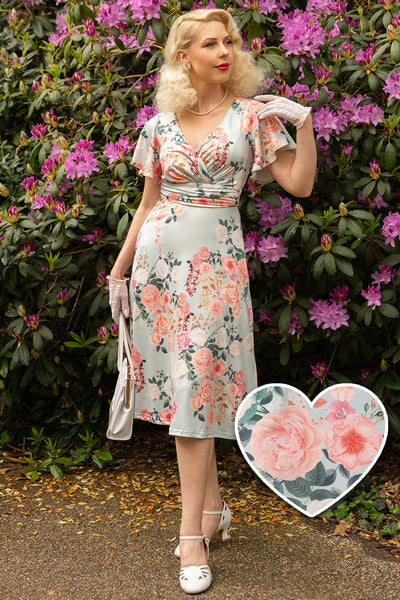 EU STOCK Donna Petal Sleeved Dress in Pale Blue and Floral Print