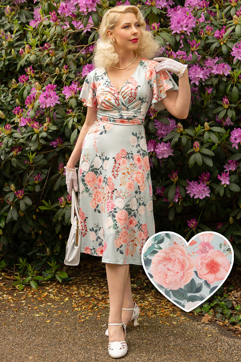 EU STOCK Donna Petal Sleeved Dress in Pale Blue and Floral Print