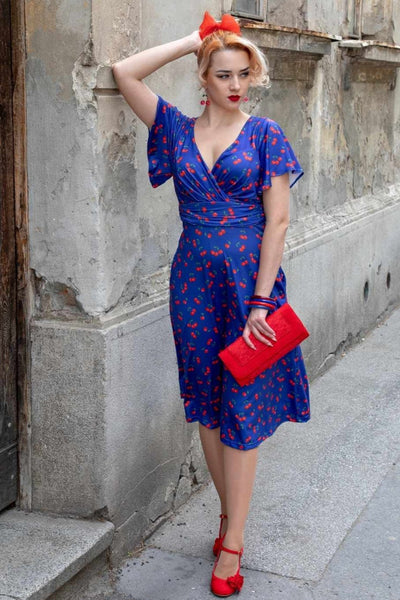 Donna Cherry Navy Blue Tea Dress