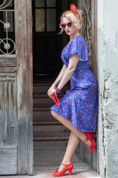 Donna Cherry Navy Blue Tea Dress