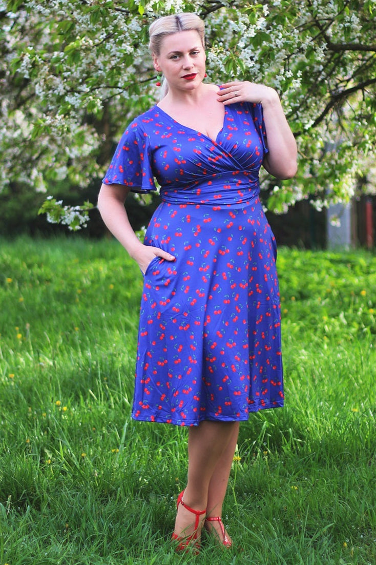 Donna Cherry Navy Blue Tea Dress