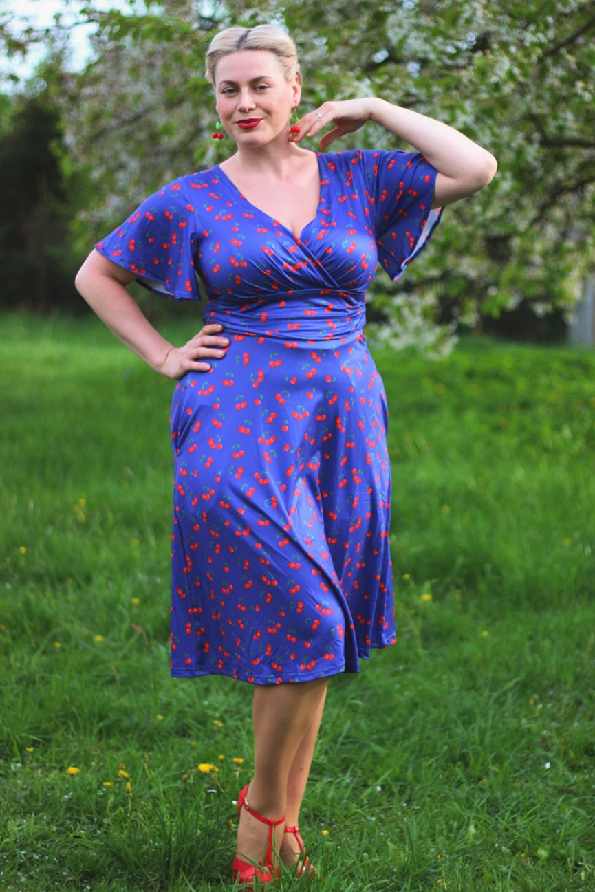 Donna Cherry Navy Blue Tea Dress