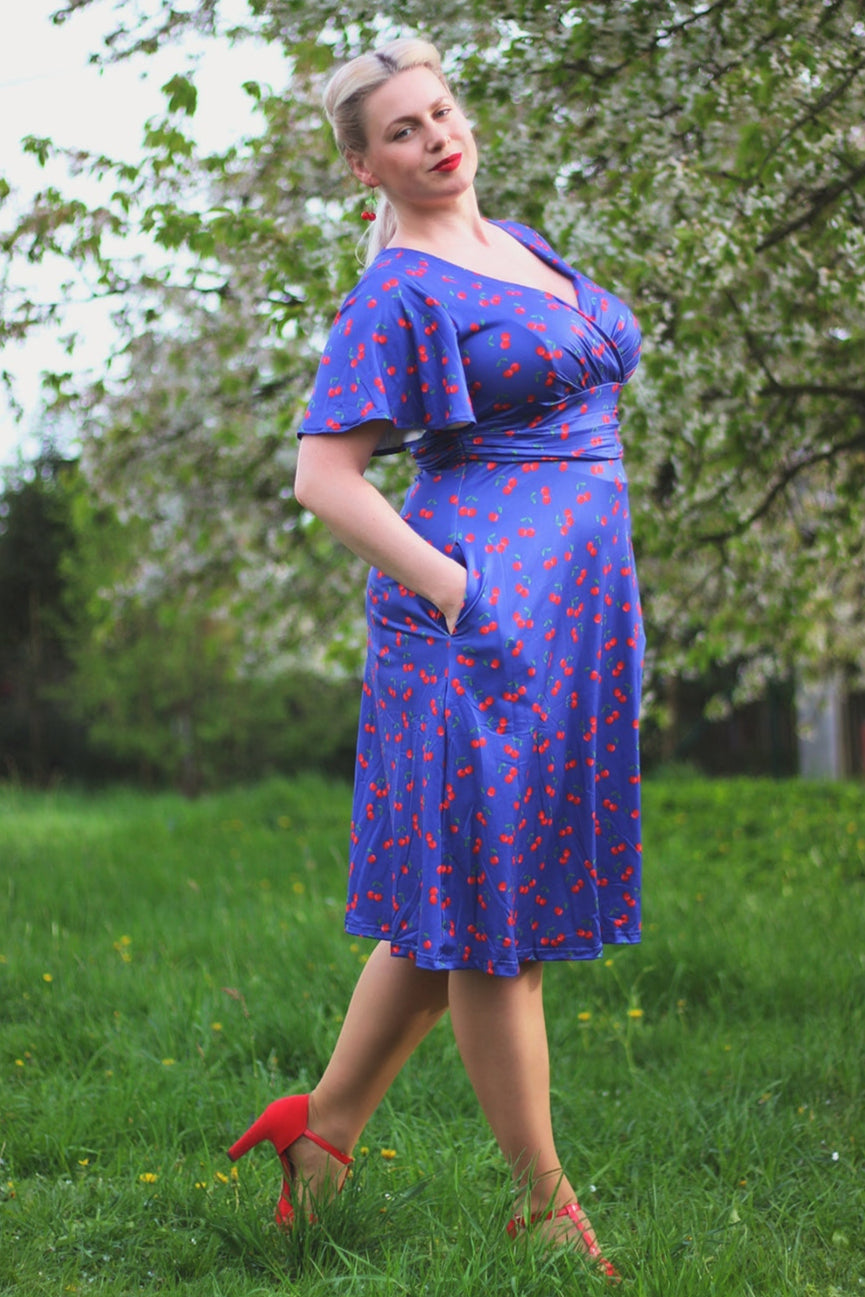 Donna Cherry Navy Blue Tea Dress