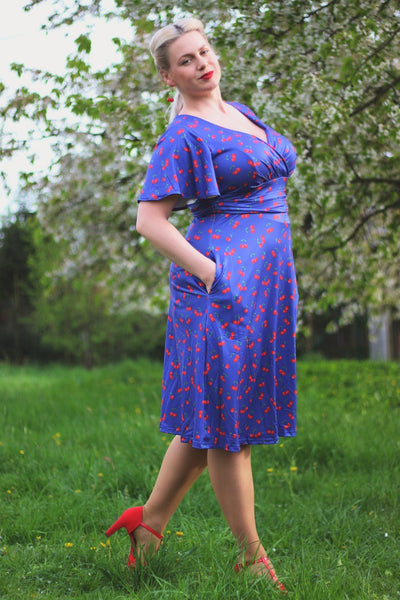 Donna Cherry Navy Blue Tea Dress
