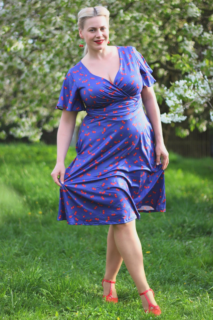 Donna Cherry Navy Blue Tea Dress