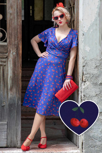Donna Cherry Navy Blue Tea Dress