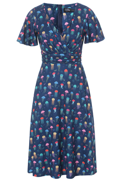 Donna Navy Blue Petal Sleeves Flared Bust Colorful Jellyfish Print Summer Dress