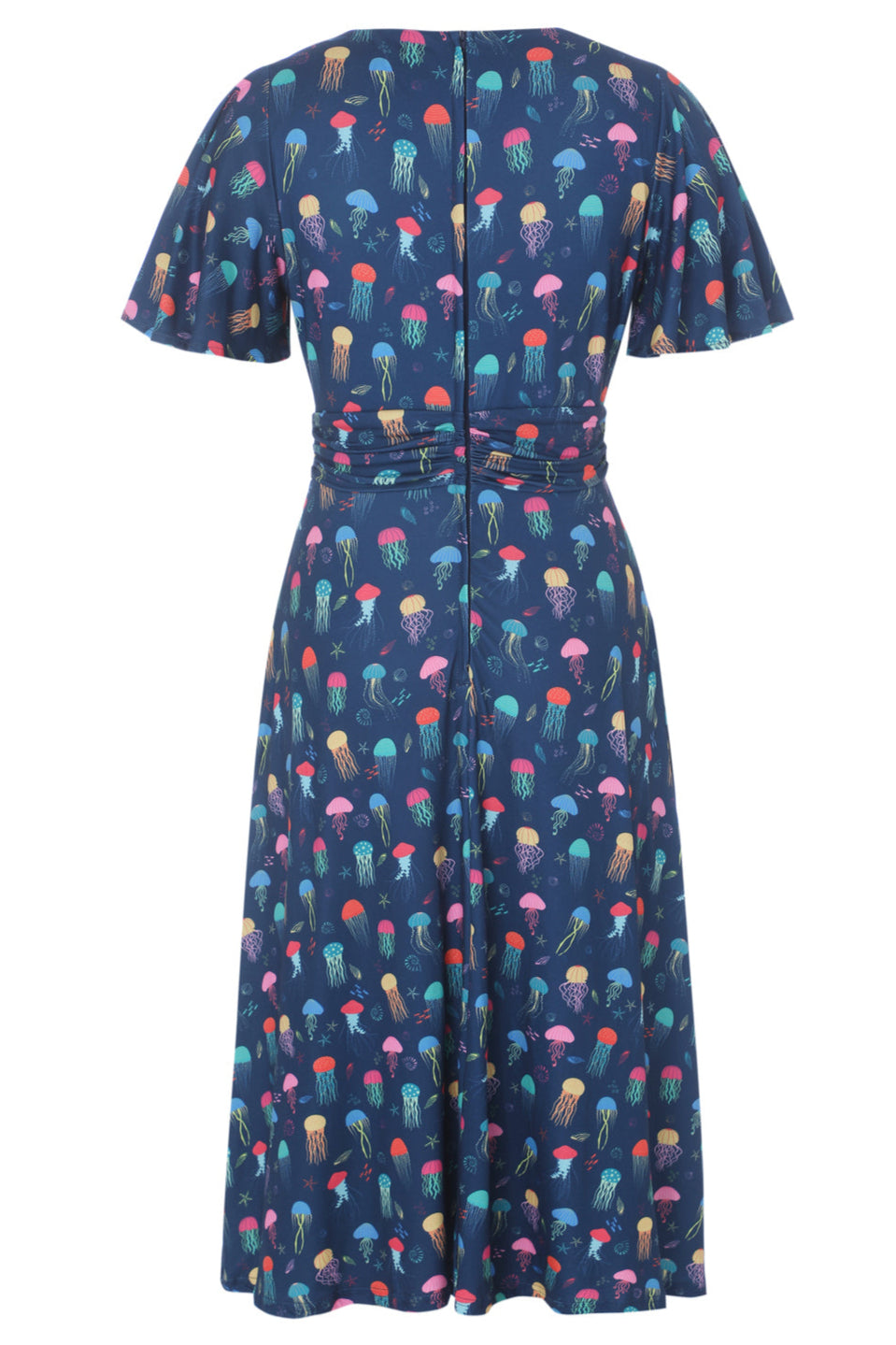 Donna Navy Blue Petal Sleeves Flared Bust Colorful Jellyfish Print Summer Dress
