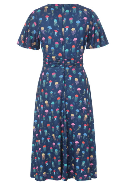 Donna Navy Blue Petal Sleeves Flared Bust Colorful Jellyfish Print Summer Dress