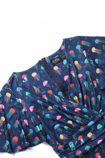 Donna Navy Blue Petal Sleeves Flared Bust Colorful Jellyfish Print Summer Dress