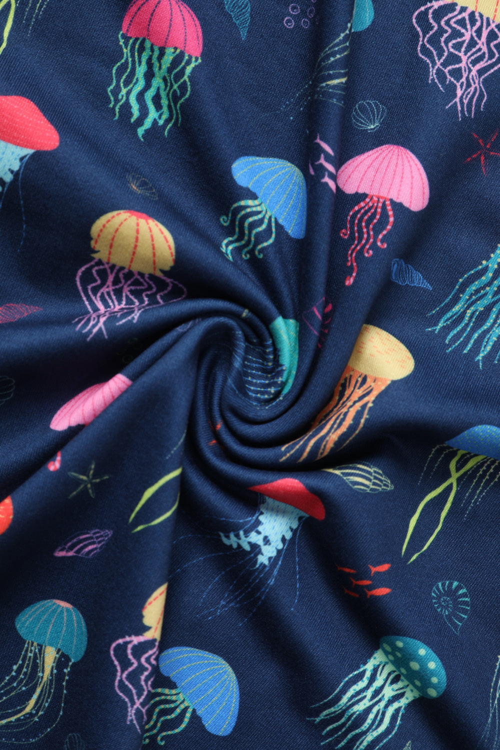 Donna Navy Blue Petal Sleeves Flared Bust Colorful Jellyfish Print Summer Dress