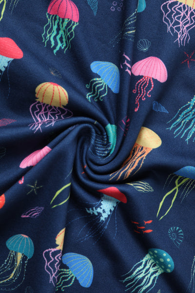 Donna Navy Blue Petal Sleeves Flared Bust Colorful Jellyfish Print Summer Dress