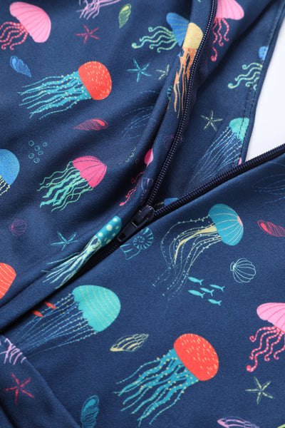 Donna Navy Blue Petal Sleeves Flared Bust Colorful Jellyfish Print Summer Dress