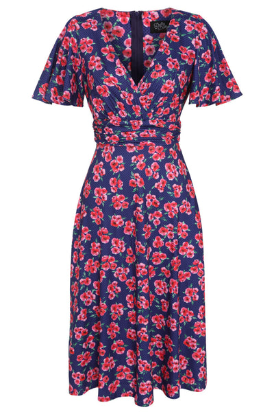 Donna Navy Blue Petal Sleeves Flared Bust Red Floral Grid Summer Dress