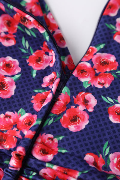 Donna Navy Blue Petal Sleeves Flared Bust Red Floral Grid Summer Dress