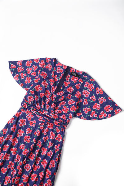 Donna Navy Blue Petal Sleeves Flared Bust Red Floral Grid Summer Dress
