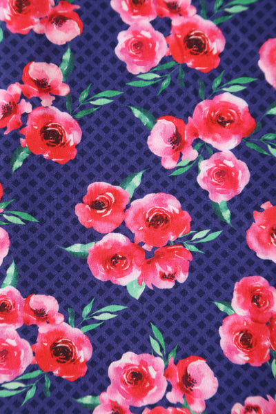Donna Navy Blue Petal Sleeves Flared Bust Red Floral Grid Summer Dress