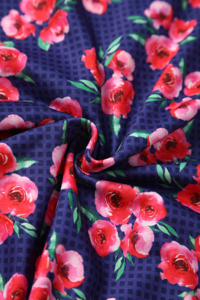 Donna Navy Blue Petal Sleeves Flared Bust Red Floral Grid Summer Dress