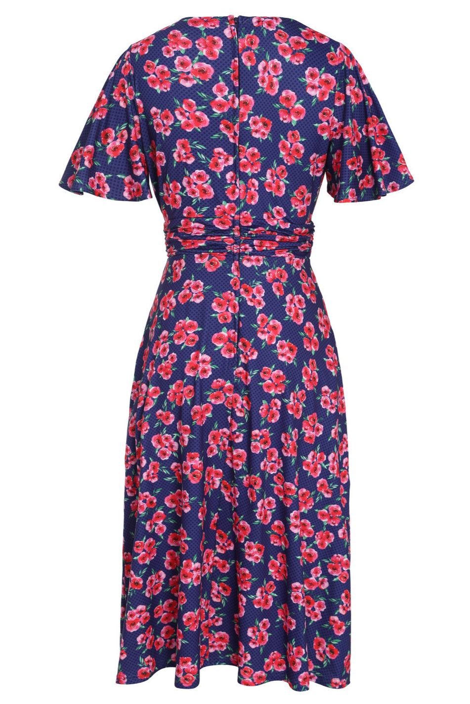 Donna Navy Blue Petal Sleeves Flared Bust Red Floral Grid Summer Dress