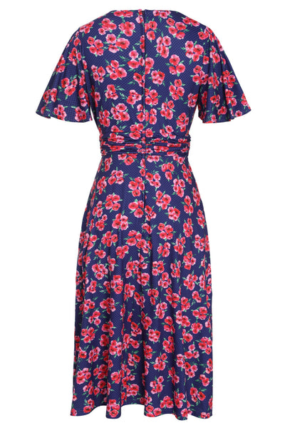 Donna Navy Blue Petal Sleeves Flared Bust Red Floral Grid Summer Dress