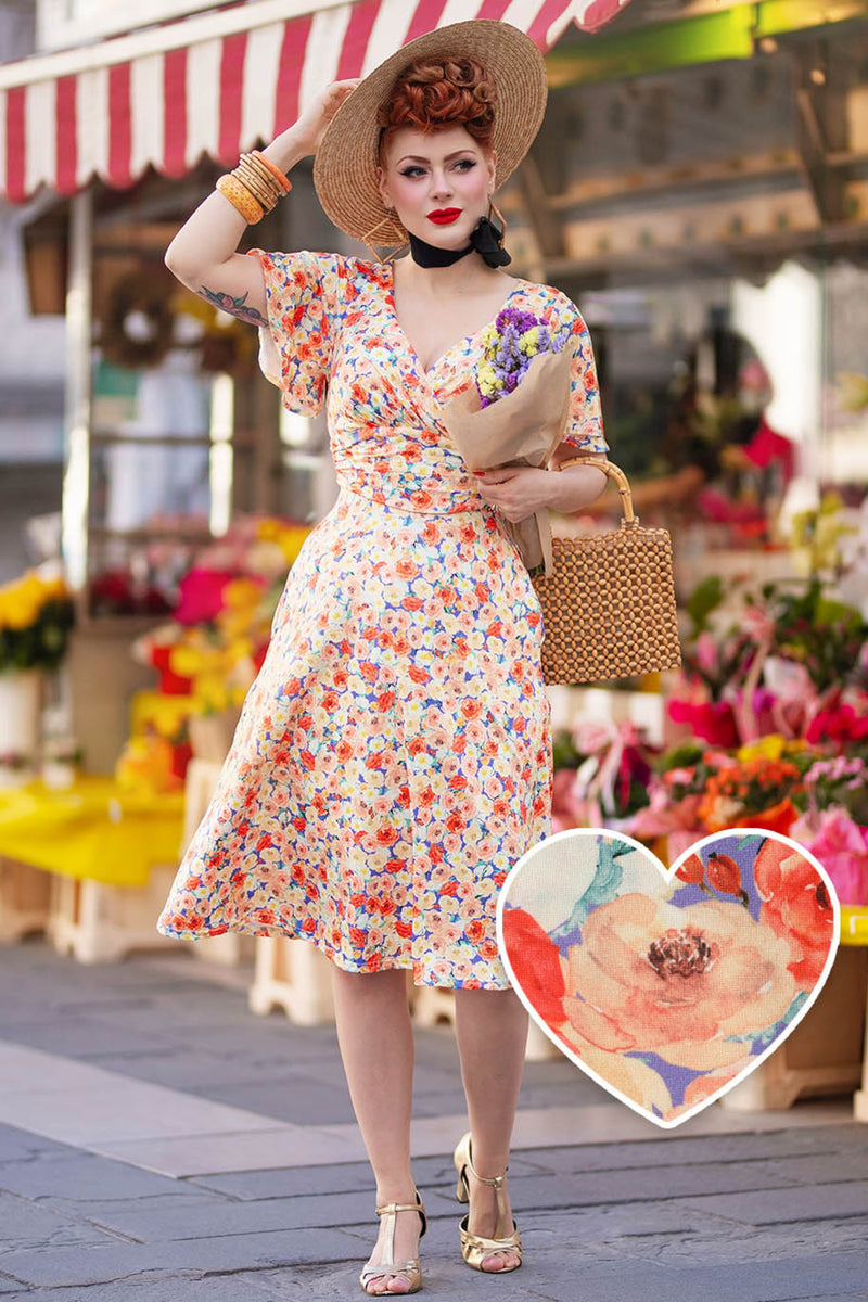 EU Stock-Donna Orange Floral Tea Dress