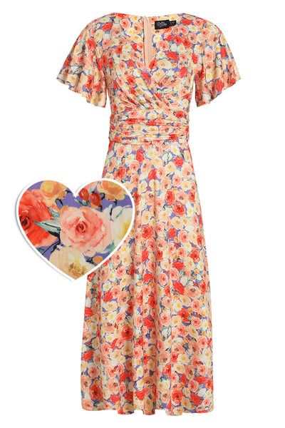 EU Stock-Donna Orange Floral Tea Dress