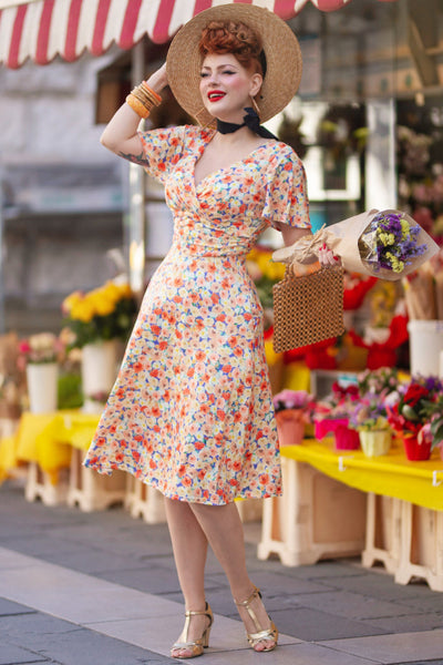 EU Stock-Donna Orange Floral Tea Dress