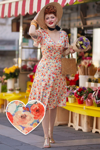 EU Stock-Donna Orange Floral Tea Dress