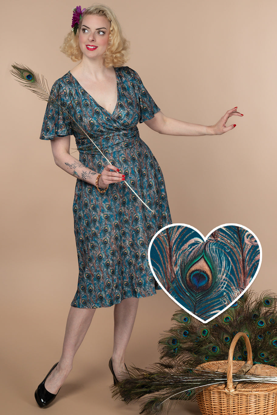 Donna Cross Over Bust Flared Dress in Peacock Feather Print