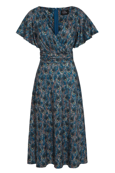 Donna Cross Over Bust Flared Dress in Peacock Feather Print