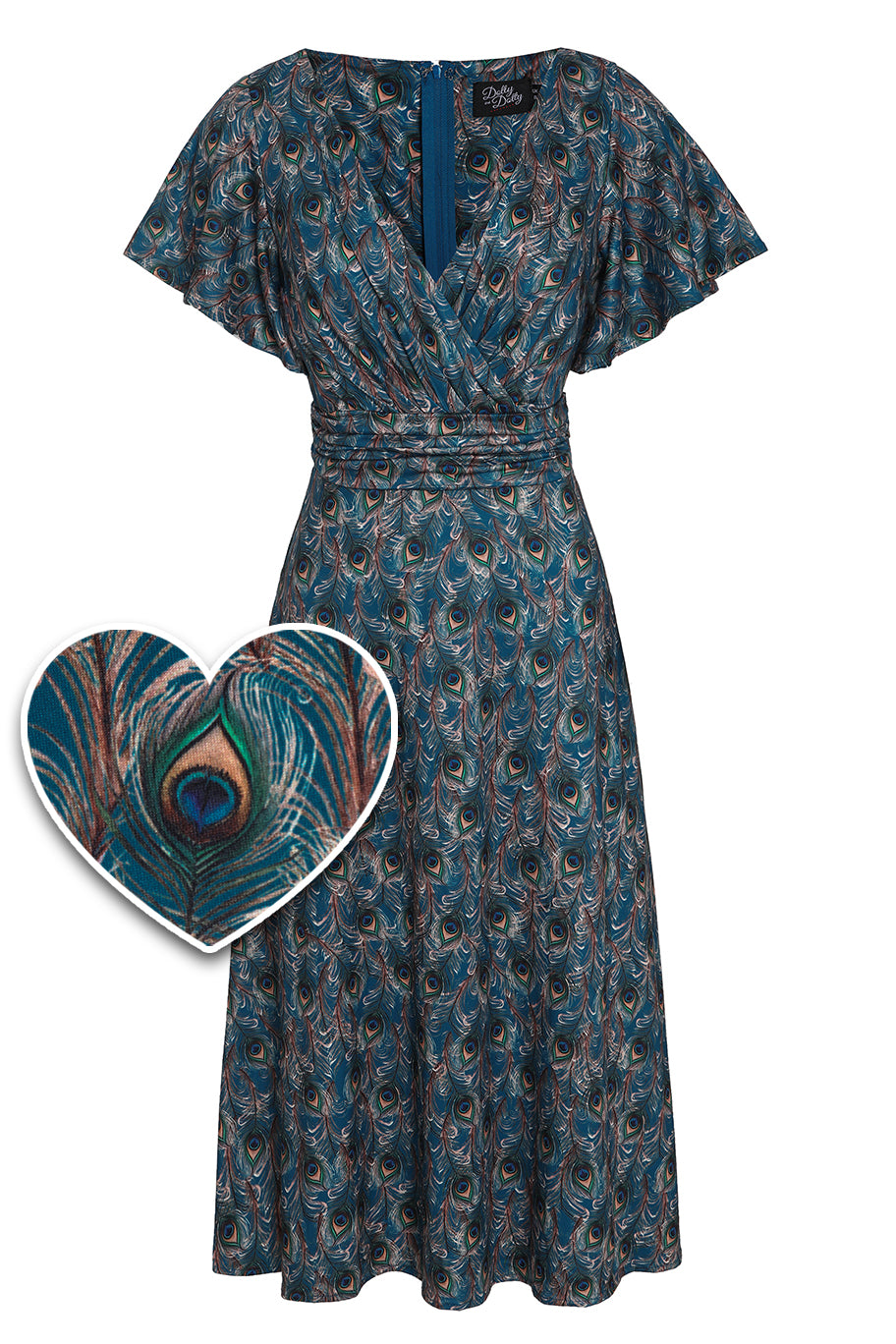 Donna Cross Over Bust Flared Dress in Peacock Feather Print