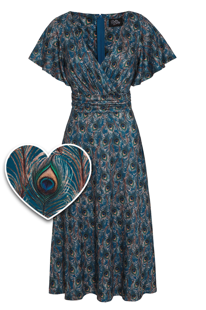 Donna Cross Over Bust Flared Dress in Peacock Feather Print
