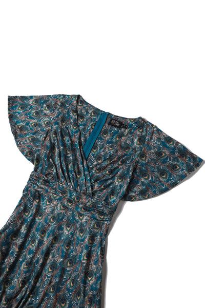 Donna Cross Over Bust Flared Dress in Peacock Feather Print