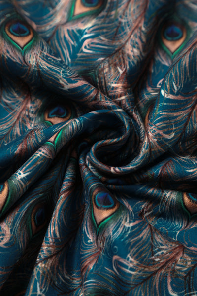 Donna Cross Over Bust Flared Dress in Peacock Feather Print
