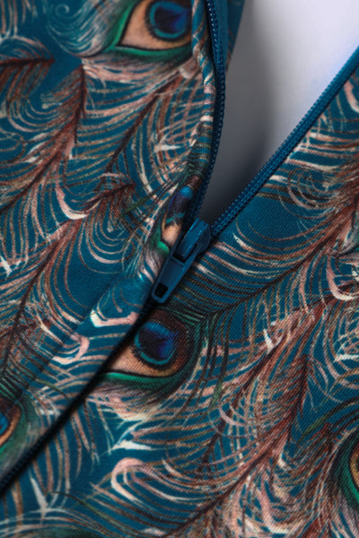 Donna Cross Over Bust Flared Dress in Peacock Feather Print