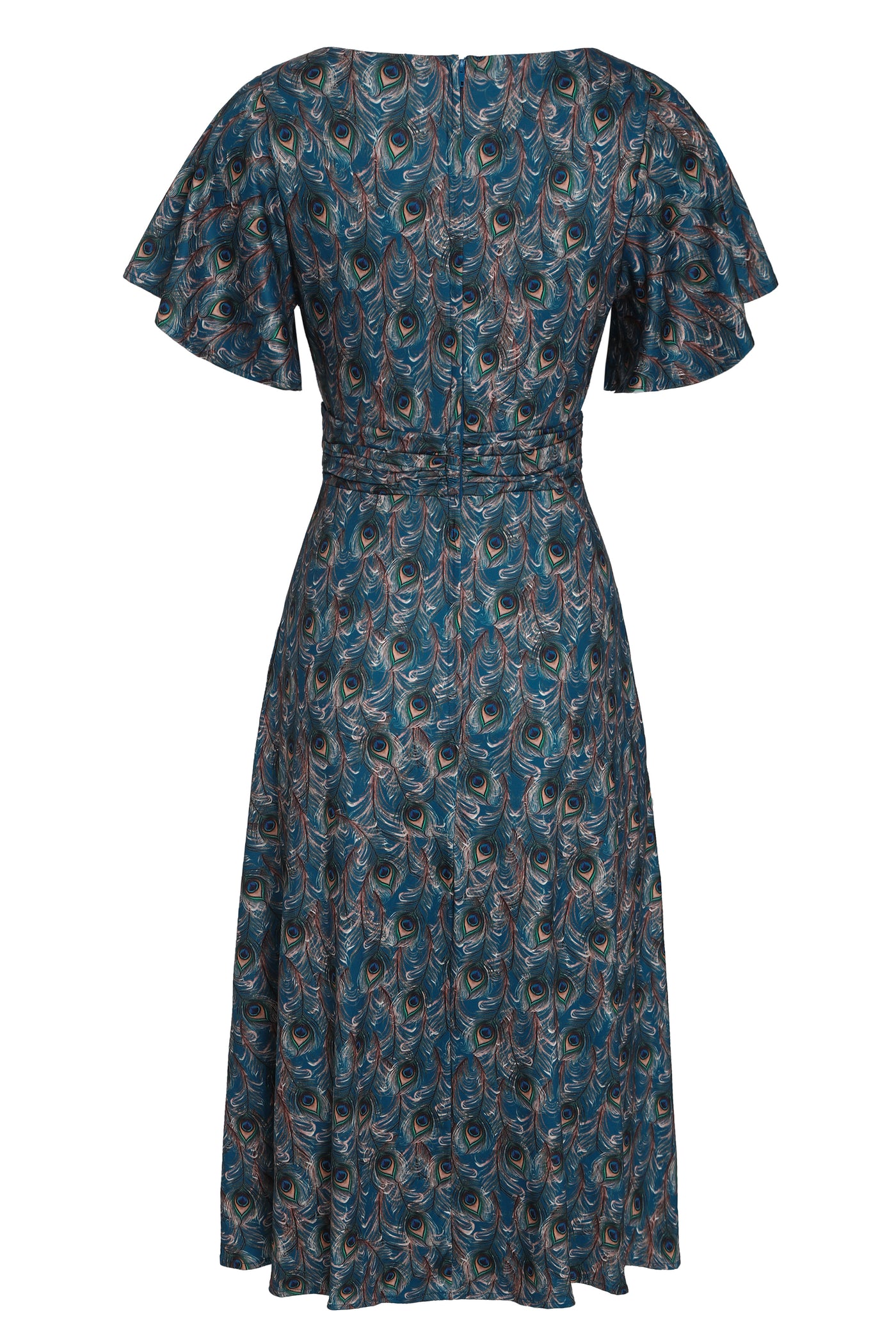 Donna Cross Over Bust Flared Dress in Peacock Feather Print