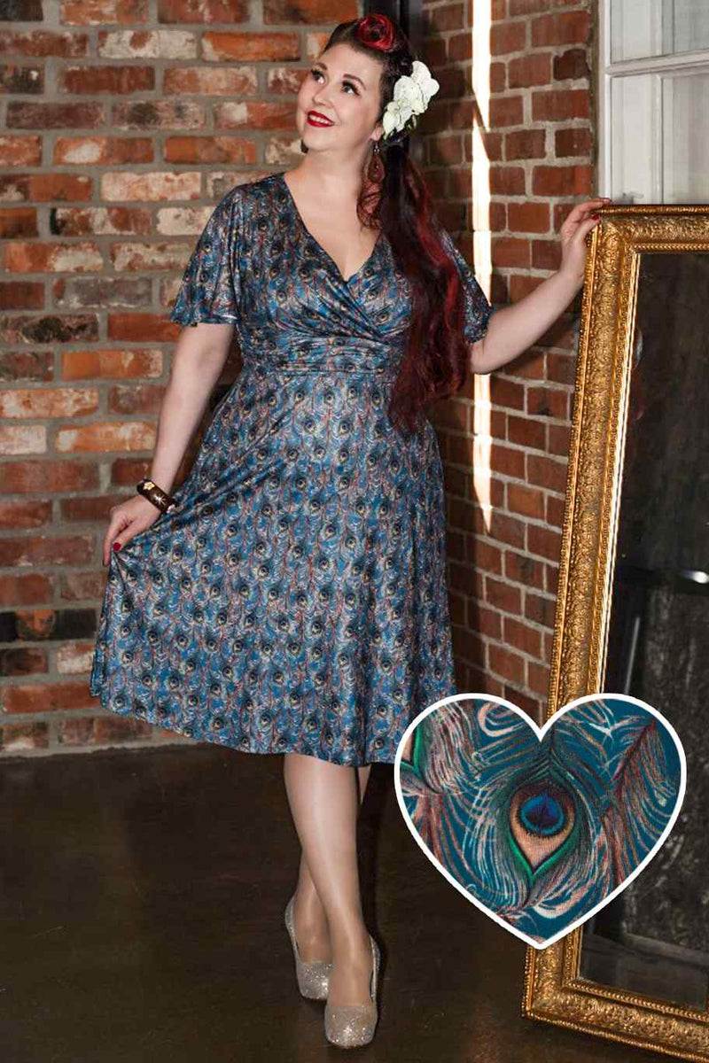 Donna Cross Over Bust Flared Dress in Peacock Feather Print