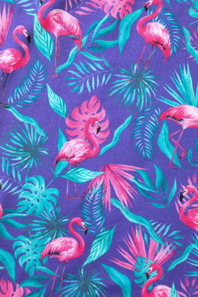 PRE-ORDER Donna Cross Over Bust Flared Dress in Purple Flamingo Print