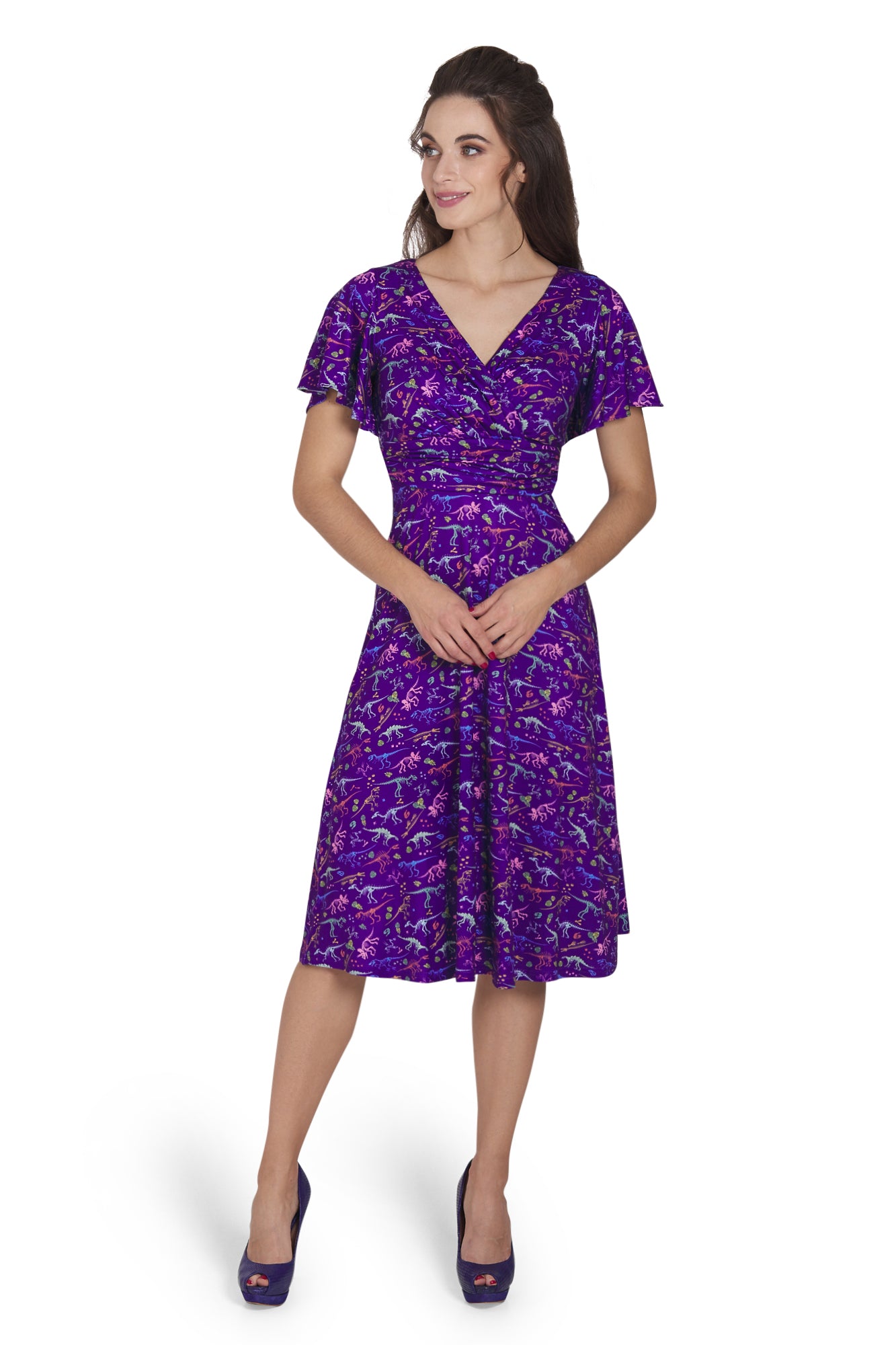 Donna Crossover Bust Purple with Fossil Print Dress