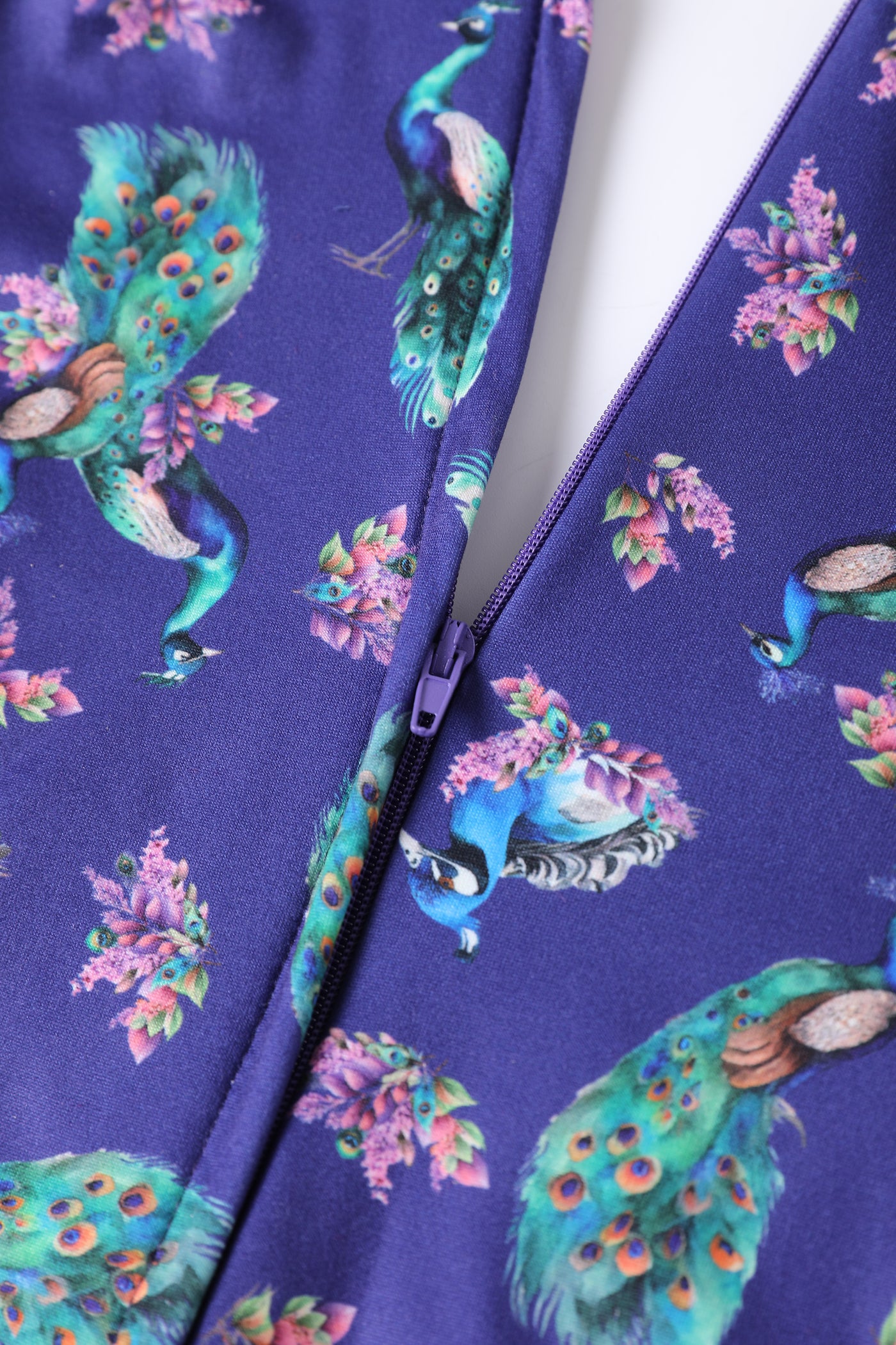 Donna Petal Sleeved Dress in Purple and Peacock Print