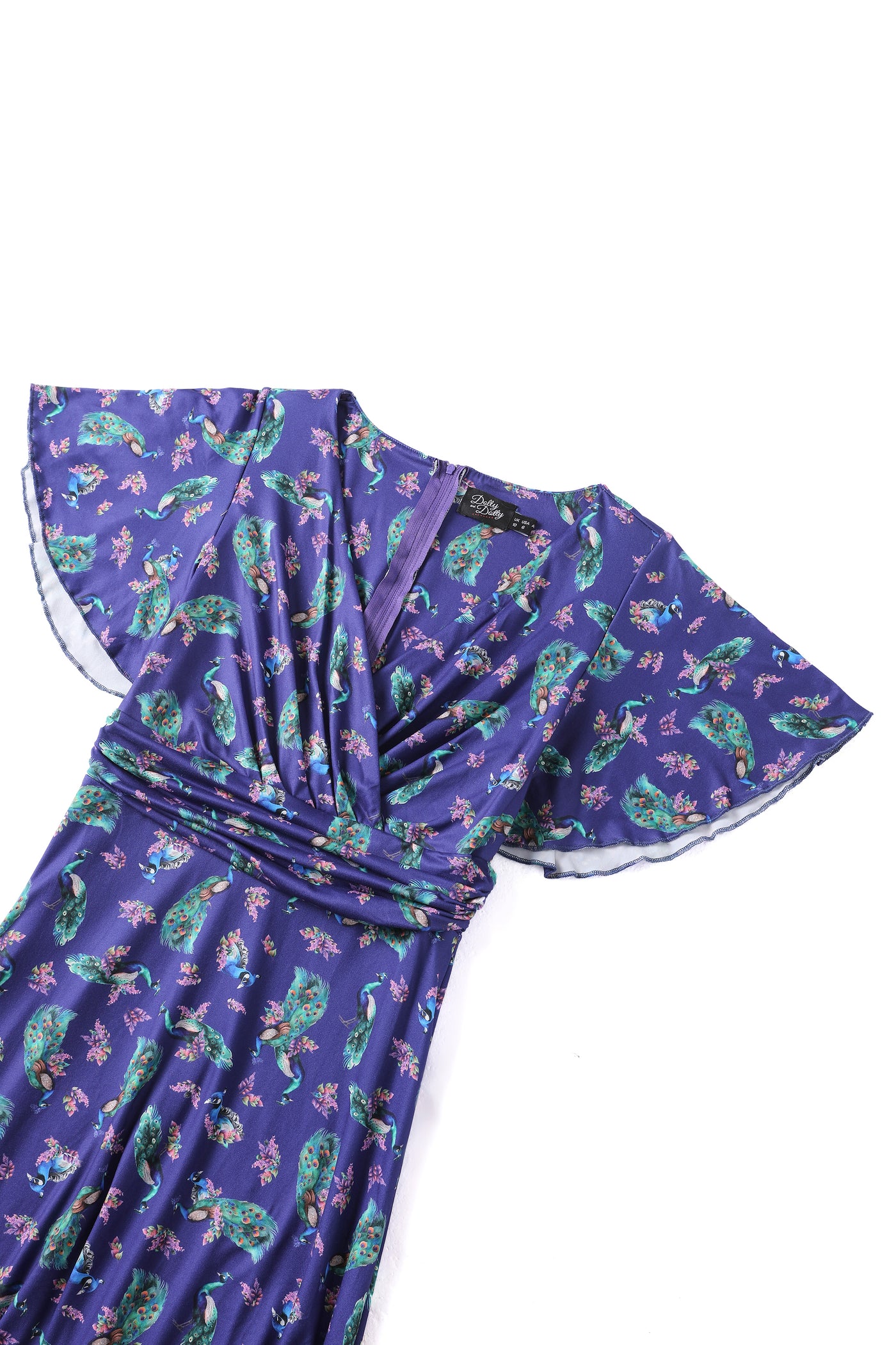 Donna Petal Sleeved Dress in Purple and Peacock Print