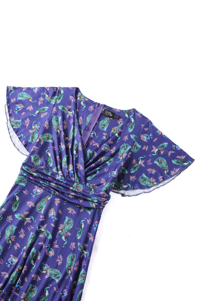 Donna Petal Sleeved Dress in Purple and Peacock Print