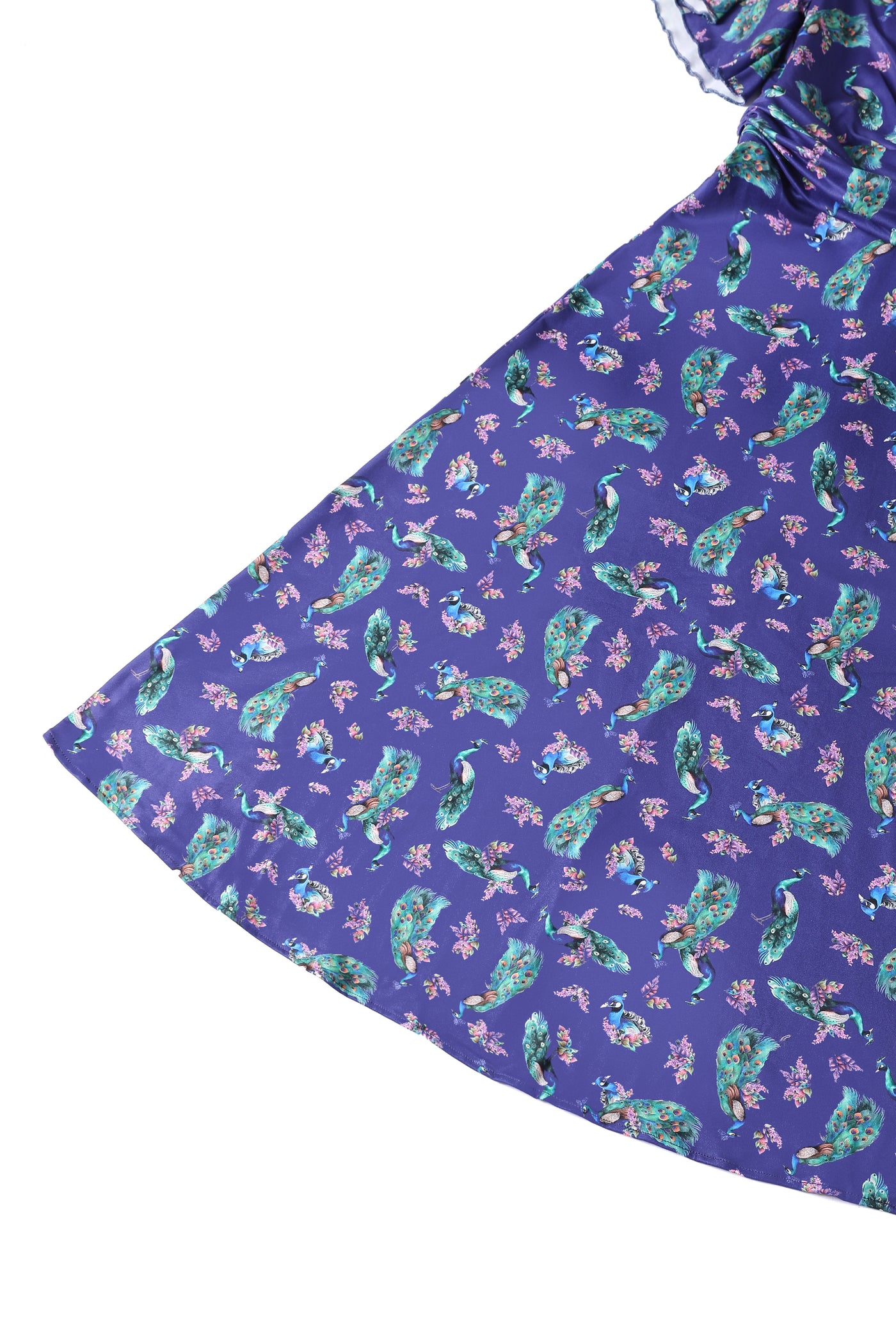 Donna Petal Sleeved Dress in Purple and Peacock Print
